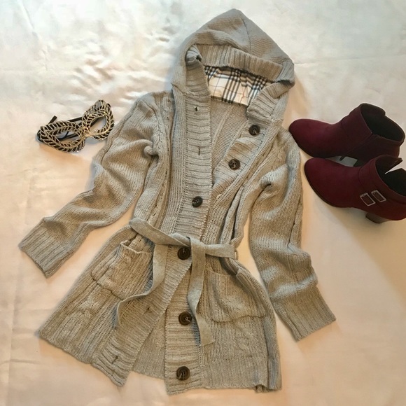 Sweaters - Grey Hooded Long Sleeve Button Sweater